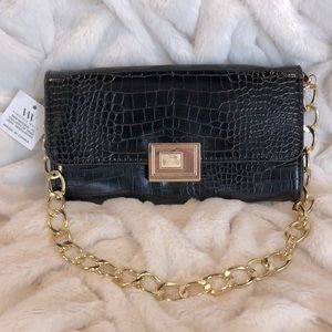 NEW Black Croc Skin Style Clutch with Removable Gold Chain Link Shoulder Strap